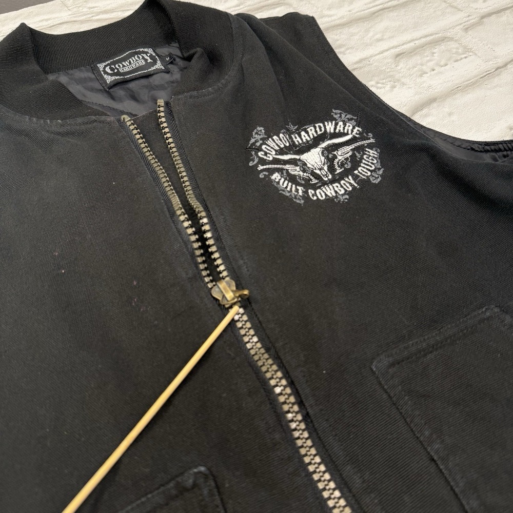 Cowboy Hardware Vest Mens M Black Duck Canvas Western Quilt Lined Embroidered - Picture 6 of 15